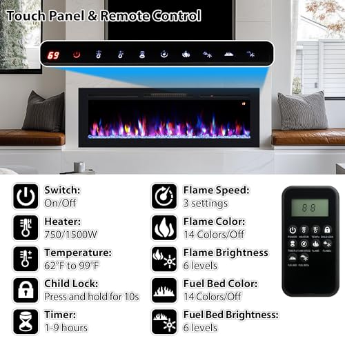 70" Electric Fireplace, Recessed, Wall Mounted and Freestanding Fireplace Heater, Adjustable Flame Color, Speed & Brightness, Thermostat, 9H Timer, Child Lock - size: 70"