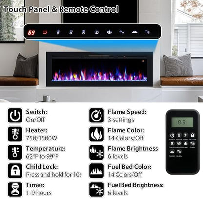 70" Electric Fireplace, Recessed, Wall Mounted and Freestanding Fireplace Heater, Adjustable Flame Color, Speed & Brightness, Thermostat, 9H Timer, Child Lock - size: 70"