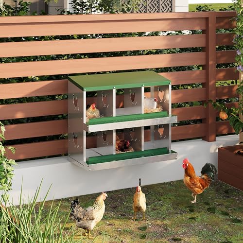 6-Compartment Metal Chicken Nesting Box - with Perch, Secure Lid & Metal Legs, Wall-Mount or Free-Standing Nesting Boxes for Hens - color: green, size: 6 Compartments