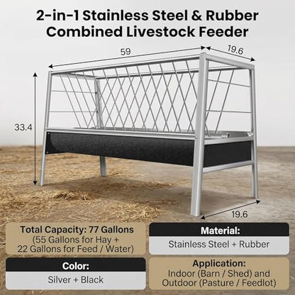 77 Gallon Hay Feeder, Stainless Steel Goat Feeder for Goats Sheep Calves and Horses, Anti-Waste Goat Feeder with Rubber Trough Livestock Feeder