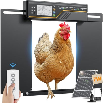 7W Solar Powered Large Automatic Chicken Coop Door, 4Modes Aluminum Horizontally Dual-Door Design with Timer & Light Sensor, Auto Chicken Door with Remote Control, Excellent Anti-Pinch