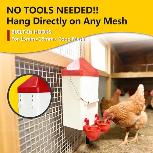 Hanging Chicken Waterer, 1 Gallon PVC Chicken Waterer with 2 Auto-Fill Cups & Horizontal Nipples, Hooks for 20mm×20mm+ Mesh, Suitable for Chicks, Chickens, Quail, Pigeons & Gamebirds
