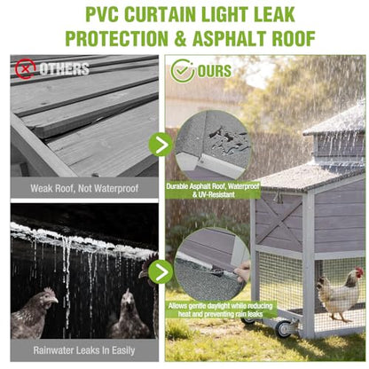 GUTINNEEN Chicken Coop with Wheels for 2-4 Chickens, Large Wooden Outdoor Hen House with Run, Waterproof & UV-Resistant Roof, Removable Leakproof Tray and Divided Nesting Box– Grey - color: (Grey-AIR32)