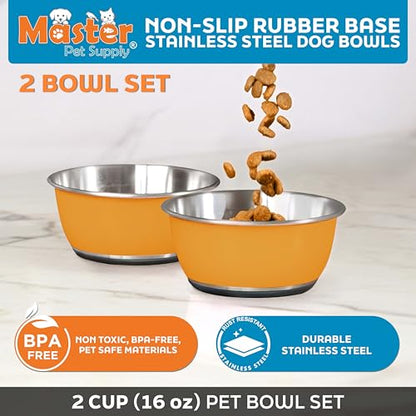 Master Pet Supply Stainless Steel Dog Bowls Set of 2 (16 Oz Each) with Non-Slip Rubber Base - Mango Tango - Basic Dog Food Bowl Water & Food Bowls for Small Medium Large Dogs & Cats, Metal Dish - color: Mango Tango, size: 2 Cups (16 oz) 2 Pack