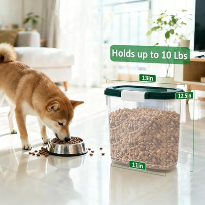 Dark Green Airtight Dog Cat Food Storage Container 10 Lbs - Slim Tall Pet Food Treat Container with Lid, Scoop and Cup - Clear Plastic Dry Food Storage Bin for Dogs, Cats, Bird Seeds, Kibble, Pellets - color: Dark Green