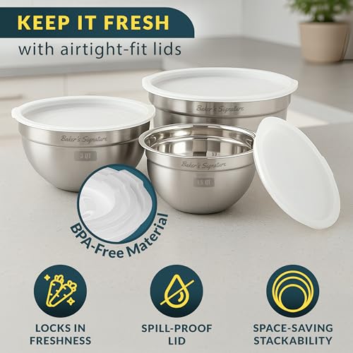 Baker's Signature Stainless Steel Mixing Bowls With Lid, Metal Mixing Bowl Set Of 3, Nesting Set For Food Prep, Baking,Storage, Cooking, Serving | Dishwasher Safe, Silver, 1.5/3/5 Qt - size: Set of 3