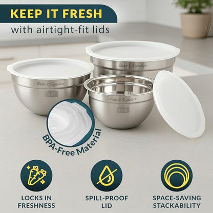 Baker's Signature Stainless Steel Mixing Bowls With Lid, Metal Mixing Bowl Set Of 3, Nesting Set For Food Prep, Baking,Storage, Cooking, Serving | Dishwasher Safe, Silver, 1.5/3/5 Qt - size: Set of 3