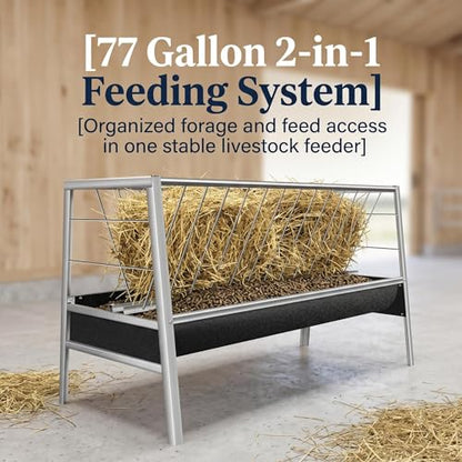Farm Livestock Feeder, 2-in-1 Stainless Steel Goat Feeder, 77 Gallon Anti-Waste Hay Feeder with Rubber Trough, Heavy Duty for Goats, Sheep, Pigs, Ideal for Barn, Horse Farm, Outdoor Pen
