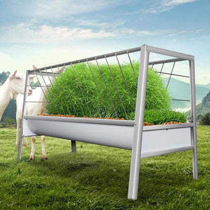 5 FT Galvanized Goat Feeder, 90 Gallon 2-in-1 Hay Rack & Grain Trough Combo, Heavy Duty Rust-Resistant Livestock Feeder for Sheep, Barn & Pasture