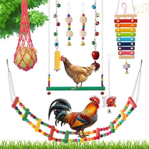 Complete Chicken Toys Set of 9 – All-in-One Chicken Coop Accessories with Xylophone, Swing, Chicken Mirror, Ladder, Vegetable String Bag & Hanging Feeder Coop Toy for Happy Hens - size: 9PCS