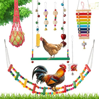Complete Chicken Toys Set of 9 – All-in-One Chicken Coop Accessories with Xylophone, Swing, Chicken Mirror, Ladder, Vegetable String Bag & Hanging Feeder Coop Toy for Happy Hens - size: 9PCS