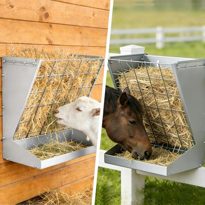 Wall Mount Hay Feeder,2 in 1 Hay & Grain Livestock Feeder,Heavy-Duty Metal Wall Mount Hay Rack for Goats/Sheep, Horses, Cattle