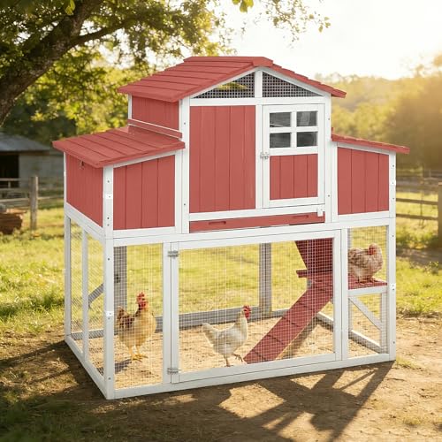 Large Wooden Chicken Coop for 2-6 Chickens, Outdoor Chicken House with 4 Nest Boxes, Hen House Poultry House Pet Hutch Chicken Cage with Waterproof Asphalt Roof, Ramp, Roosting Bars Red - color: Red