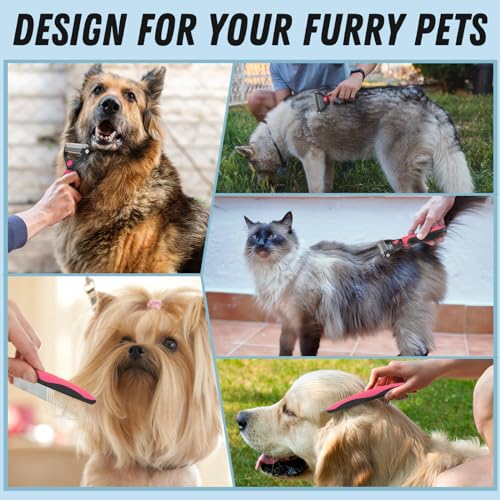 Docrok Pet Grooming Brush & Comb Combo, Cat & Dog Brush for Shedding & Dematting, Undercoat Rake for Long-haired Pets, Pink - color: Pink
