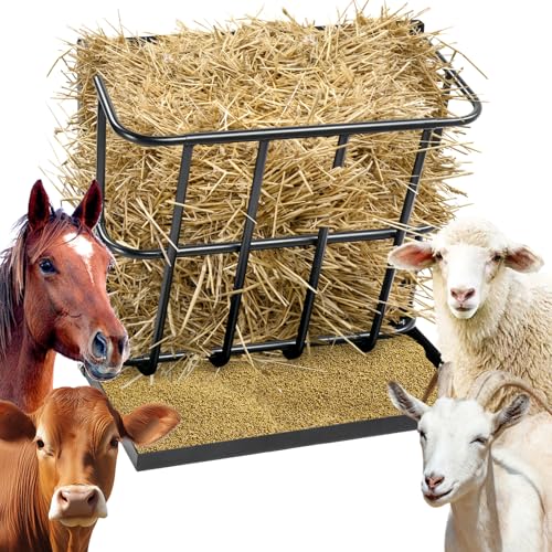 Wall Mount Hay Rack,Long Livestock Hay Feeder with Detachable Grain Tray,Heavy-Duty Steel Hay Feeder,Goat Hay Rack,Multiple Sided Feeding Rack for Sheep,Goats,Horses,Indoor Outdoor Uses