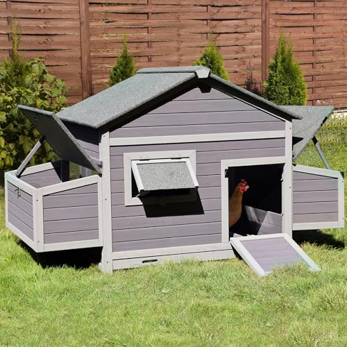 Outdoor Chicken Coop with 2 Large Nesting Boxes, Wooden Hen House Poultry Cage with Waterproof Roof, Leakproof Pull Out Tray,Rabbit Hutch Duck Cage - color: Grey, size: 67.3"L x 36.8"W x 40.6"H