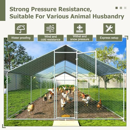 Large Metal Chicken Coop,19.7x9.8x6.4 FT Chicken Run for Yard with Waterproof & Anti-UV Cover,Walk in Chicken Pen with Feeding Door (32.8 * 9.8 * 6.4 ft) - size: 32.8*9.8*6.4 ft