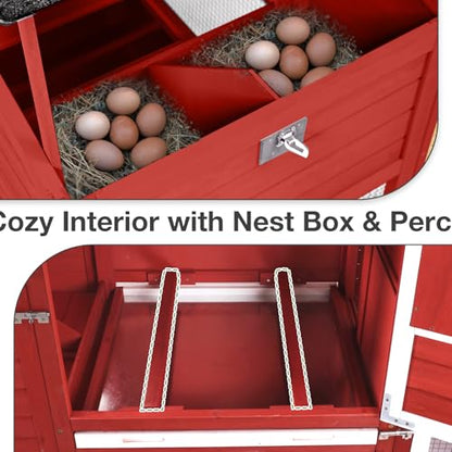 Large Mobile Chicken Coop Wooden with Wheels, Expandable Outdoor Chicken House with Nesting Box & Pull-Out Tray, Easy-Clean Poultry Coop for 2–3 Chickens & Ducks - color: Red
