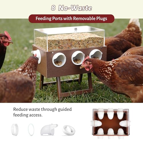 KOL No-Waste Chicken Feeder, 22LB Poultry Feeder with 6 Anti-Spill Ports, Clear-View HIPS & Acrylic Design, Foldable Stand for Hens and Chicks – Automatic Gravity-Flow Feeder