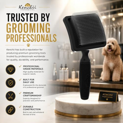 Kenchii Long Pin Slicker Brush for Dogs (Poodles, Doodles, Goldendoodles, Labradoodles), Professional Grooming Brush for Detangling, Fluffing & Dematting, Non-Slip Comfort Handle (Black) - color: Black