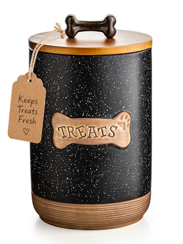 Miamolo Dog Treat Container Airtight Ceramic Dog Treat Jar with Wooden Lid, 8 Cups Dog Food Storage Container for Countertop, Decorative Dog Cookie Jar Canister with Handle - Bone Dotted Black - color: Bone Dotted Black