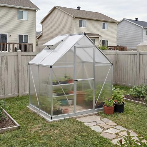 Canopia 6x4 Greenhouse with Plant Hangers, Hobby Walk-In Twin-Wall UV Polycarbonate Heavy Duty Aluminum Frame, Lockable Door, Adjustable Roof Vent, Rain Gutters, Galvanized Steel Base, Mythos (Silver) - color: Silver with Plant Hangers, size: 6 Ft. x 4 Ft