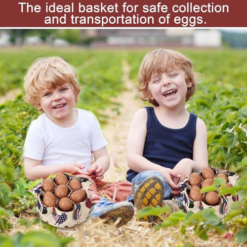 Egg Collecting Basket, Canvas Egg Basket for Gathering with 7 Pouches for Chicken, Duck, Goose, Bird, Various Poultry Collection (Flag Chicken) - style: Flag Chicken
