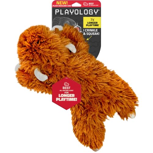 Playology Dog Toys | Plush Highland Cow Stuffed Animal | Beef Scented Jumbo Squeaky Toy | Plush Chew Toy for Large Dogs - size: Large, style: Highland Cow
