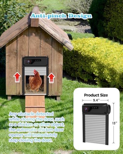 Automatic Chicken Coop Door with HD Camera, Solar Powered, 5000mAh Battery, WiFi App Remote Control & Timer, Night Vision, Anti-Pinch Sensor, Motion Alarm for Poultry Coop (Black)