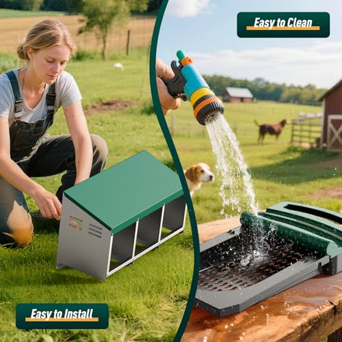 Nesting Boxes for Chickens, Roll Away Nesting Box for Laying Hens, Metal Rollout Chicken Nest Box with Egg Collection Drawer & Protective Lid, Wall Mount Chicken Coop Nest Box, 3 Compartments - color: Green