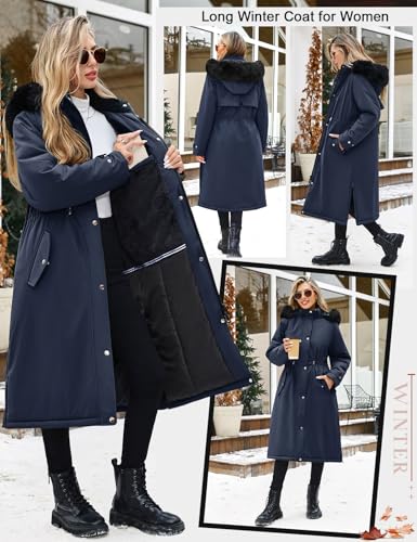 Womens Long Puffer Winter Coats Fleece Jacket Down Parka Warm Overcoat Thicken Quilted Jacket Removable Fur Coat - color: Navy, size: Small