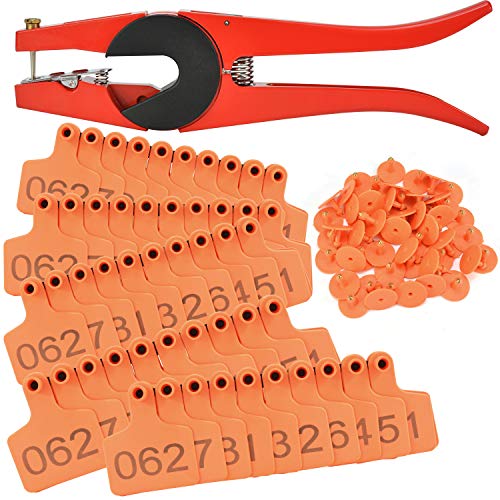 100 Sets Livestock Numbered Plastic Ear Tags for Cattle Cow Calves Bull Animal Identification TPU Earring Tagger (Orange) with 1 pcs Pliers Applicator