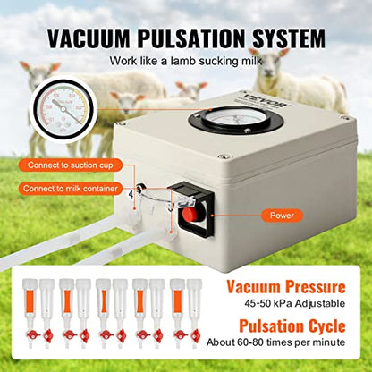 VEVOR Goat Milking Machine, 12 L 304 Stainless Steel Bucket, Electric Automatic Pulsation Vacuum Milker, Portable Milker with Food-Grade Silicone Cups and Tubes, Adjustable Suction for Cows and Sheep - size: 12 L