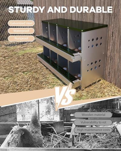 Chicken Nesting Box, 8 Compartment Roll Away Laying Box for Hens, Heavy-Duty Galvanized Steel, Front Egg Collection Tray, 8 Training Eggs Included - color: Green, size: 8 Compartments & 8 Eggs