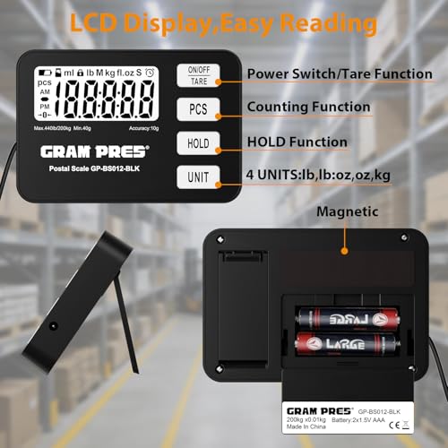 GRAM PRES Shipping Scale 440 lbs/10g Digital Postal Scale with LCD Display, Hold/Tare/Pcs Functions for Packages/Luggage/Post Office/Dog, Battery & USB Cable Included