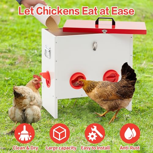 Hohuqeri Metal Chicken Feeder Large Capacity Automatic, 6-Ports Weather-Resistant & Animal-Proof Poultry Feeder for Chickens, Geese, Ducks, Turkeys, Quails