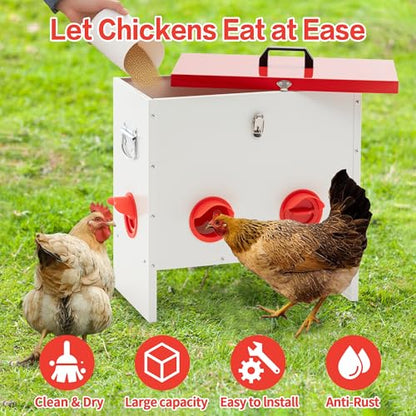 Hohuqeri Metal Chicken Feeder Large Capacity Automatic, 6-Ports Weather-Resistant & Animal-Proof Poultry Feeder for Chickens, Geese, Ducks, Turkeys, Quails