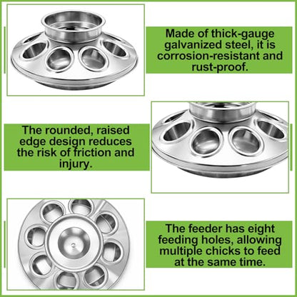 Potchen 2 Pcs Baby Chick Feeder Base, Galvanized Steel Poultry Feeding Tray with 8 Holes, 1 Quart Compatible with Mason Jars & Standard Feeder Jars for Small Birds Chicks - style: Feeder