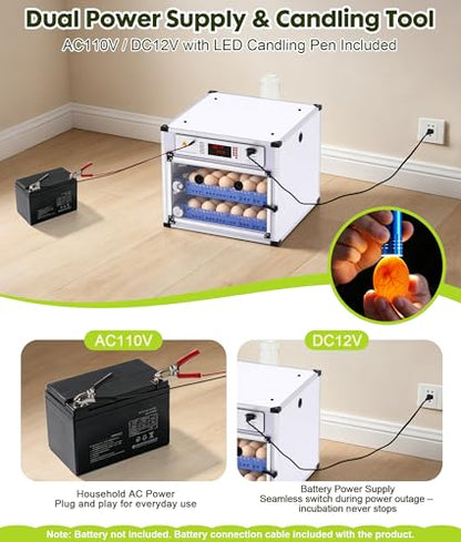 Automatic Egg Incubator for 136 Eggs - Digital Temp & Humidity Control, Auto Turner, Dual Power AC/DC, LED Flashlight, View Window - Commercial Use for Chicken Duck Quail