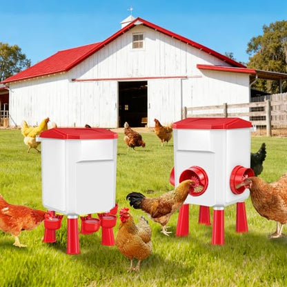 Chicken Feeder and Waterer Set 3 Gallon/26.4 Pounds, Automatic Chick Feeder and Waterer Set No Waste, Poultry Feeder Large for Hens/Ducks/Poultry - color: Red