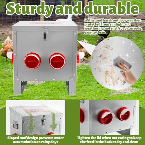 25LB Large Automatic Chicken Feeder Galvanized Metal Chicken Feeders with 4 Feeding Ports No Waste Outdoor Poultry Feeder with Handle and Locking Lid for Chickens and Ducks - size: 25LB-4 Ports