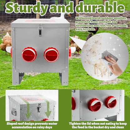 25LB Large Automatic Chicken Feeder Galvanized Metal Chicken Feeders with 4 Feeding Ports No Waste Outdoor Poultry Feeder with Handle and Locking Lid for Chickens and Ducks - size: 25LB-4 Ports