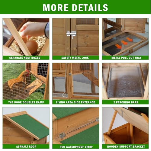 80" Large Chicken Coop, Waterproof Outdoor Hen House for 2-4 Chickens, Wooden Chicken House with Nesting Box, Removable Tray, PVC Cover, Run, for Garden Backyard Cage - size: 80.8"L