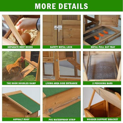 80" Large Chicken Coop, Waterproof Outdoor Hen House for 2-4 Chickens, Wooden Chicken House with Nesting Box, Removable Tray, PVC Cover, Run, for Garden Backyard Cage - size: 80.8"L