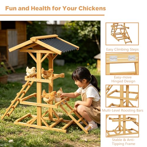 Wooden Chicken Roost Perch with Dual Ladders, Multi-Tier Activity Stand, Waterproof Sun-Resistant Roof Design for Backyard Chicken Coop - color: C02 Brown with Black