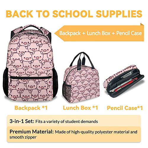Pig Backpack with Lunch Box and Pencil Case, 16 Inch Cute Pig Bookbag Durable, Lightweight, Large Capacity, Funny Animal Backpack for School Girls Kids Women - color: Style-1-2