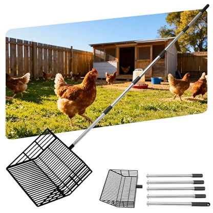 EXPAWLORER Large Chicken Poop Scooper, Adjustable Pet Coop Rake with Stainless Steel Long Handle, Heavy Duty Litter Sifting Sand Sifter Shovel Cleaning Tool Cat Chicken Coop Accessories (22"-68")