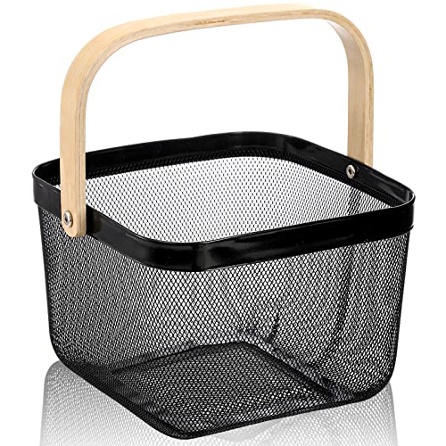 ZEAYEA Mesh Steel Fruit Basket Bin with Handle, Multi-functional Hanging Storage Organizer Garden Harvest Basket, Metal Wire Kitchen Basket for Cabinet, Pantry, Bathroom, Picnic, Home Decor, Black