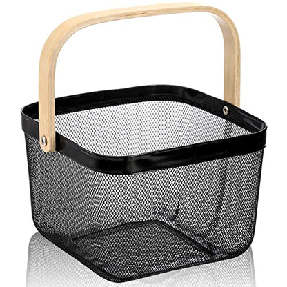 ZEAYEA Mesh Steel Fruit Basket Bin with Handle, Multi-functional Hanging Storage Organizer Garden Harvest Basket, Metal Wire Kitchen Basket for Cabinet, Pantry, Bathroom, Picnic, Home Decor, Black