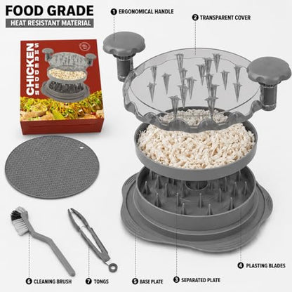 Premium Large Chicken Shredder Tool with Suction Base 2026 – Twist Meat Shredder with Ergonomic Handle & Anti-Slip Grip – Transparent Lid for Easy Shredding Chicken & Beef (Light Grey) - color: Light-Grey